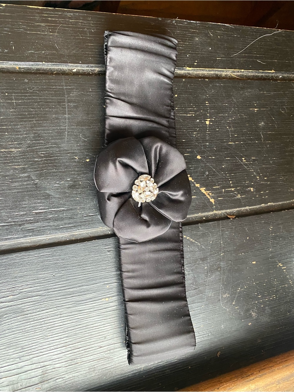 O'Neill Black Satin Flower Belt with Rhinestone Accent